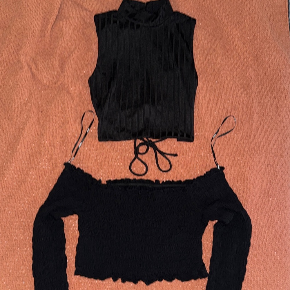 Black Ribbed Crop Tank & Off-Shoulder Long Sleeve Top Set - Women